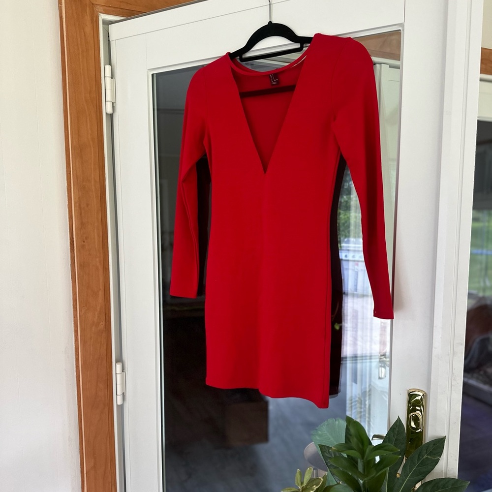 Red, slim fit mini dress with meche detail.